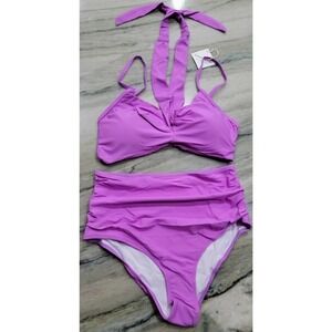 Grace Tempt Purple High Waisted Bikini Padded Bra 2 Pc Large NWT